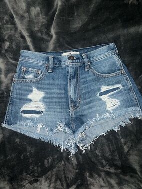 Hollister Distressed Frayed Hem Denim Shorts - Blue